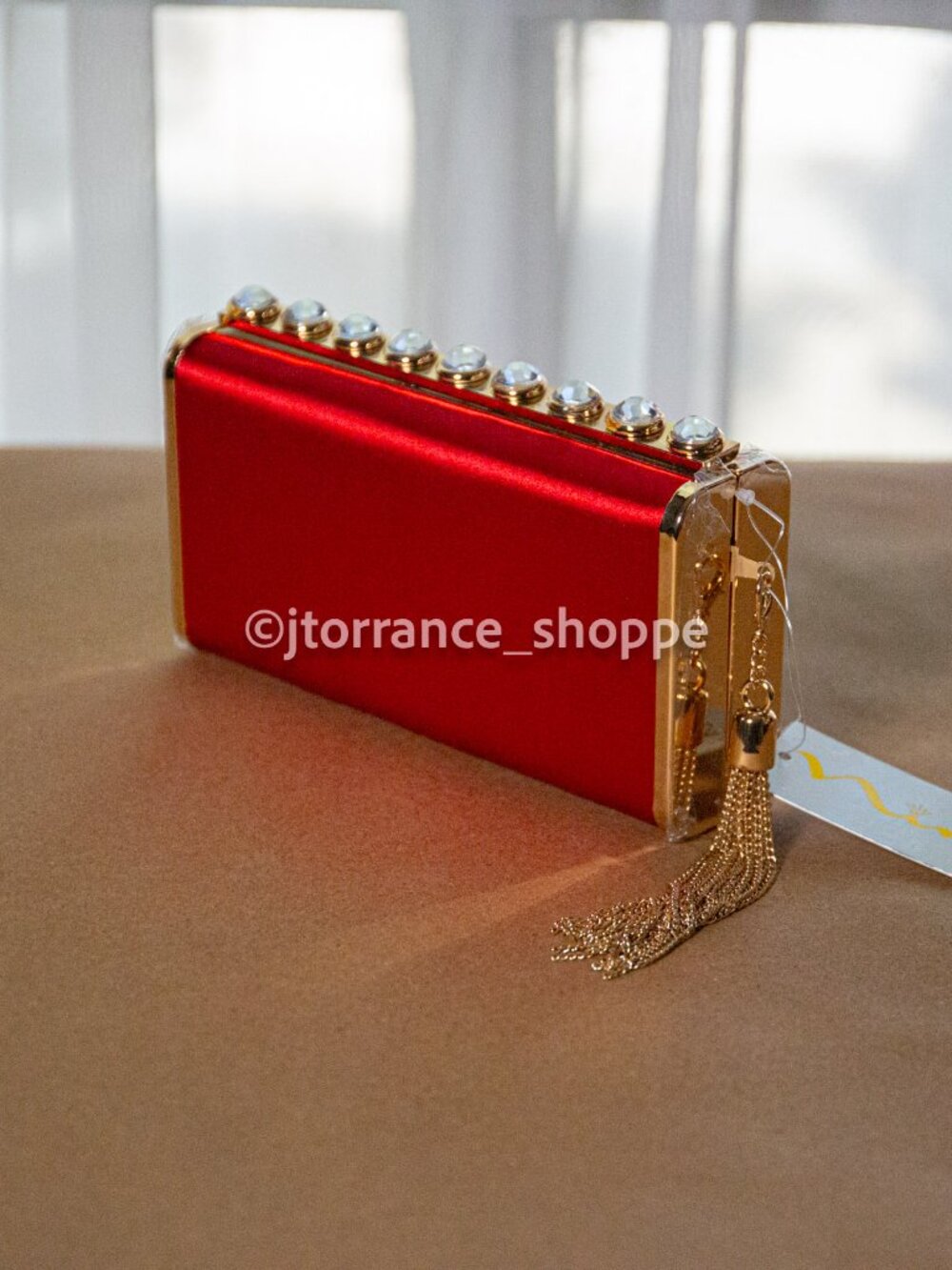 NEW ~ Nina Amos Crystal Clutch Purse Gold Tassel Elegant Red Rouge REG $98